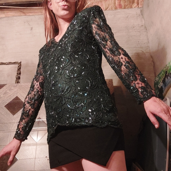 1980's Lawrence Kozar glitz & glam silk mermaid top - Picture 3 of 15